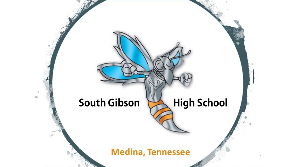 South Gibson County High School logo displayed on a white background inside a circular gray brushstroke border. A stylized silver hornet with bright blue wings and an orange-striped abdomen is centered between the words "South Gibson" and "High School" in bold black text. The words "Medina, Tennessee" appear in orange below the mascot.