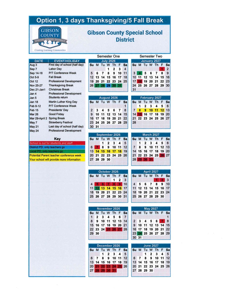 Color-coded 2026–2027 school calendar for Gibson County Special School District labeled “Option 1, 3 days Thanksgiving/5 Fall Break.” The calendar displays months from July 2026 through June 2027 with highlighted dates indicating holidays and events. Key dates include: August 3 (first day of school, half day), September 7 (Labor Day, no school), September 14–18 (parent-teacher conference week), October 5–9 (fall break), October 12 (professional development, no school), November 25–27 (Thanksgiving break), December 21–January 1 (Christmas break), January 4 (professional development), January 5 (students return), January 18 (Martin Luther King Jr. Day, no school), February 8–12 (conference week), February 15 (Presidents’ Day, no school), March 26 (Good Friday, no school), March 29–April 2 (spring break), May 7 (Strawberry Festival, no school), May 21 (last day of school, half day), and May 24 (professional development). A color key indicates: red for no school for students and staff, blue for district professional development (teachers only), green for local professional development (teachers only), and yellow for parent-teacher conference weeks.