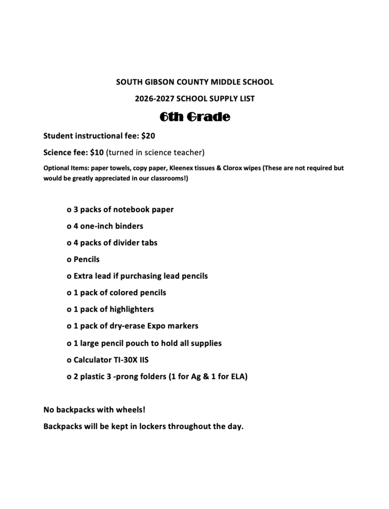 School Supply List