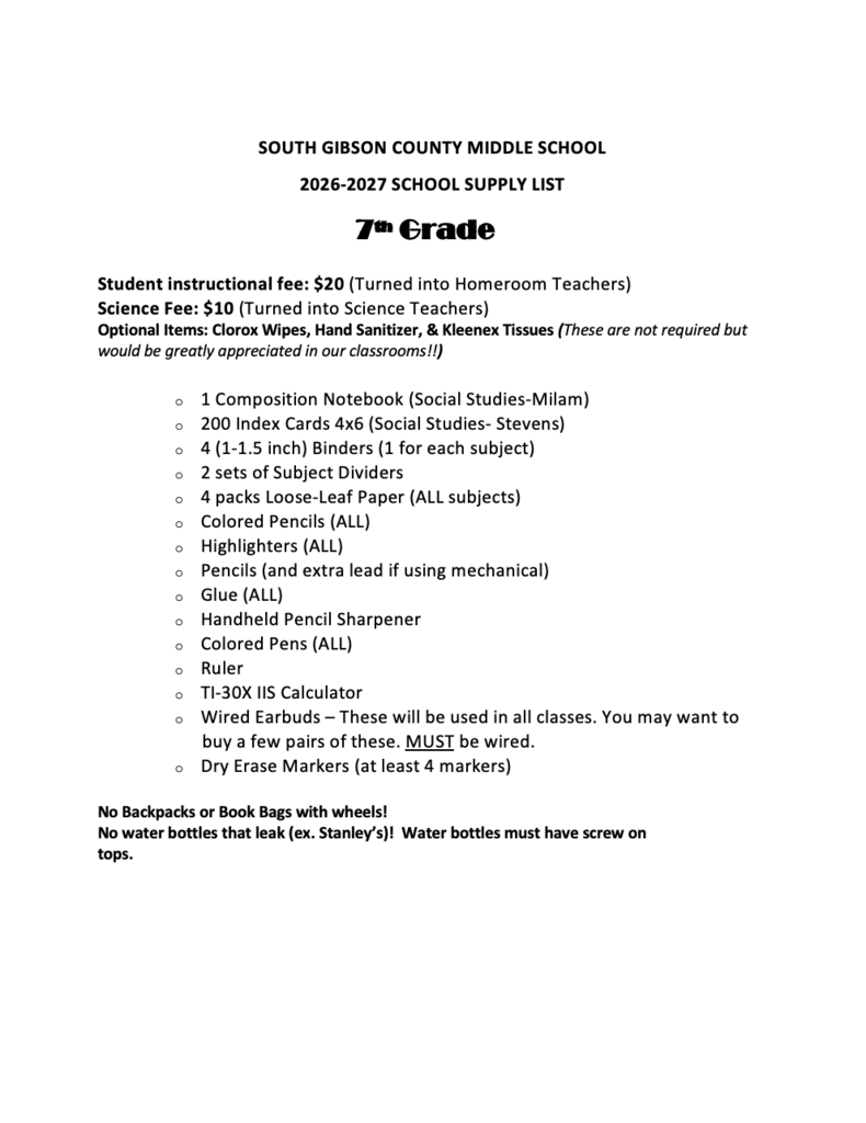 School Supply List