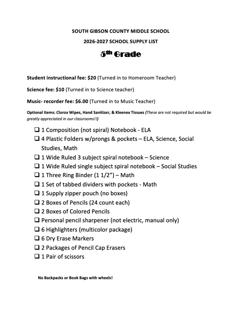 School Supply List