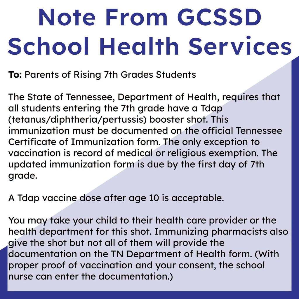 Graphic titled “Note From GCSSD School Health Services.” It informs parents of rising 7th grade students that Tennessee requires a Tdap (tetanus, diphtheria, pertussis) booster before entering 7th grade. The immunization must be documented on the official Tennessee Certificate of Immunization form and submitted by the first day of school. A dose given after age 10 is acceptable. Parents may obtain the vaccine from a healthcare provider, health department, or some pharmacies, though not all pharmacies provide the required documentation. With proper proof and consent, the school nurse can enter the documentation.