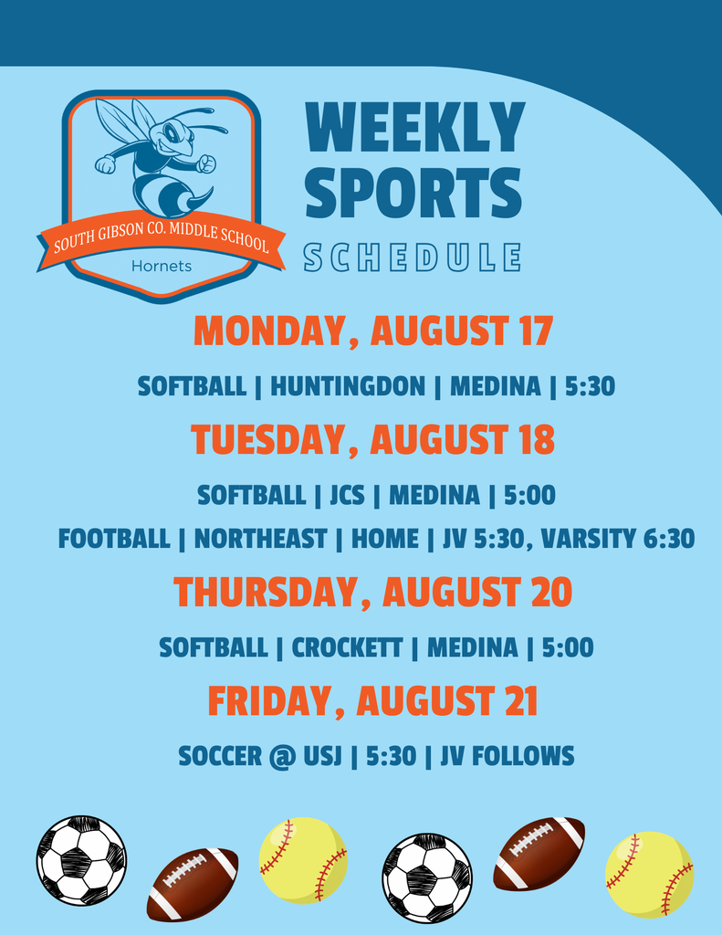 Graphic titled "Weekly Sports Schedule" for Gibson County Middle School Jr. Pioneers covering August 17–21. The schedule lists softball at West Carroll on Monday at 5:30 p.m.; the Milan Middle Bulldog Run on Monday; softball at Crockett County and girls soccer vs. Huntingdon at home on Tuesday at 5:30 p.m.; softball at Peabody on Thursday at 5:00 p.m.; girls soccer vs. Brighton at home on Thursday at 6:00 p.m.; and varsity football at South Fulton on Thursday at 6:30 p.m. Decorative soccer balls, footballs, and softballs line the bottom of the graphic, which features the school's blue and red branding.
