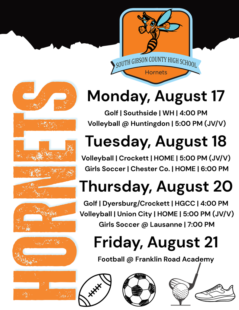 Graphic titled "Weekly Sports Schedule" for Gibson County Middle School Jr. Pioneers covering August 17–21. The schedule lists softball at West Carroll on Monday at 5:30 p.m.; the Milan Middle Bulldog Run on Monday; softball at Crockett County and girls soccer vs. Huntingdon at home on Tuesday at 5:30 p.m.; softball at Peabody on Thursday at 5:00 p.m.; girls soccer vs. Brighton at home on Thursday at 6:00 p.m.; and varsity football at South Fulton on Thursday at 6:30 p.m. Decorative soccer balls, footballs, and softballs line the bottom of the graphic, which features the school's blue and red branding.