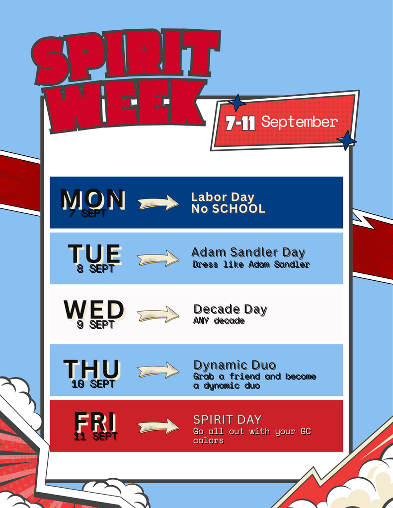 This image is a comic-book style flyer announcing a school Spirit Week taking place from September 7 to September 11. The flyer has a sky-blue background with comic book clouds, lightning bolts, and action banners. A large white sign in the center displays large red 3D text reading "SPIRIT WEEK" at the top, along with a red badge that says "7-11 September". The daily schedule is presented in five horizontal rows pointing from each day of the week to its corresponding theme: Monday, Sept 7 (Dark Blue Bar): Labor Day — No SCHOOL Tuesday, Sept 8 (Light Blue Bar): Adam Sandler Day — Dress like Adam Sandler Wednesday, Sept 9 (White Bar): Decade Day — ANY decade Thursday, Sept 10 (Light Blue Bar): Dynamic Duo — Grab a friend and become a dynamic duo Friday, Sept 11 (Red Bar): SPIRIT DAY — Go all out with your GC colors