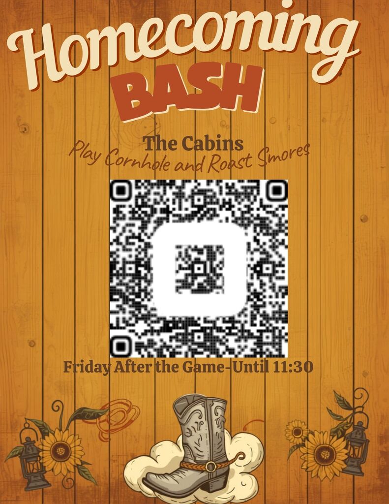 flyer for homecoming bash - QR code with more info; at the cabins after the football game on 9/11 until 11:30 PM