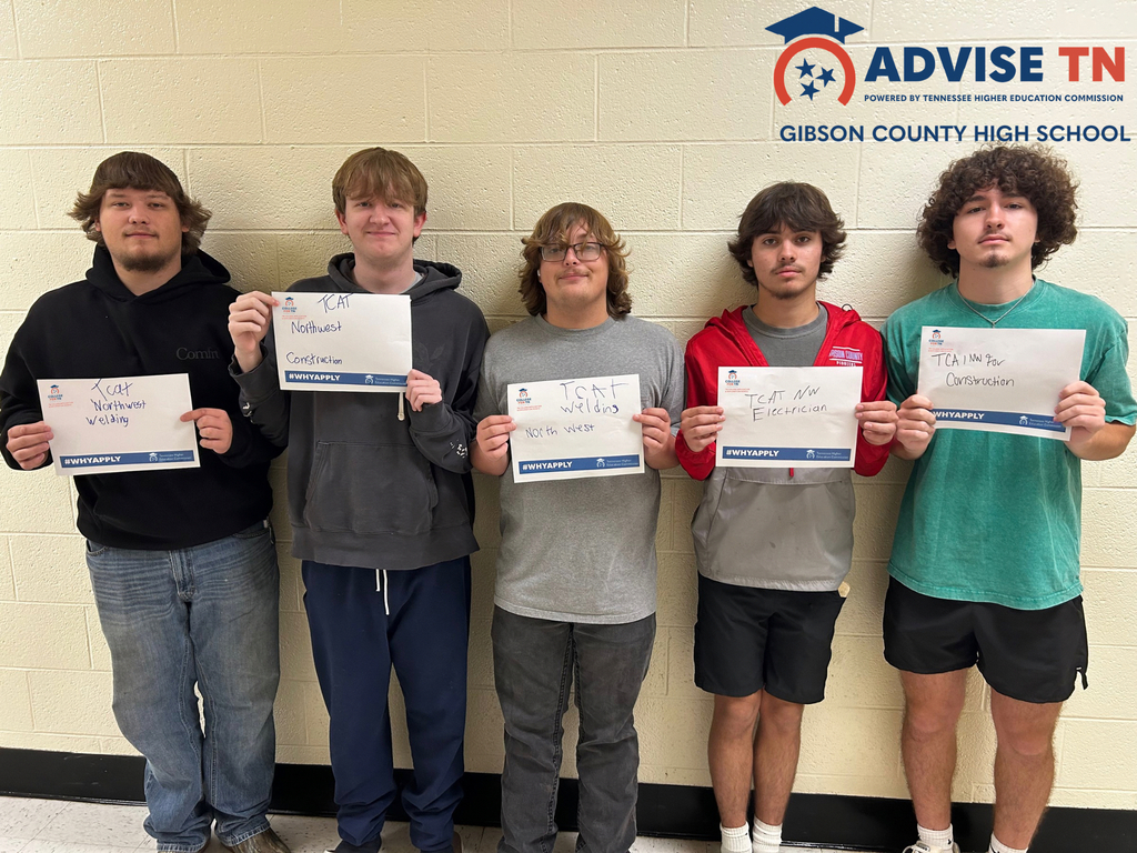 This image shows five young men standing side-by-side in a row against a light-colored cinder block wall indoors. They are each holding a small white sign with handwritten notes indicating their future education or career plans.   Sign Details: Each sign features handwritten text in black ink on a white paper template that has a blue bar at the bottom with the hashtag "#WHYAPPLY" and state education logos.   People & Signs (Left to Right):First Person: A young man with light brown hair wearing a black hoodie and blue jeans. His sign reads "TCAT Northwest Welding".   Second Person: A young man with short reddish-brown hair wearing a dark gray hoodie and navy blue pants. His sign reads "TCAT Northwest Construction".   Third Person: A young man with shoulder-length wavy brown hair and glasses wearing a gray t-shirt and dark pants. His sign reads "TCAT Welding North West".   Fourth Person: A young man with wavy dark hair wearing a red, gray, and white hooded jacket with black shorts. His sign reads "TCAT NW Electrician".   Fifth Person: A young man with curly dark brown hair wearing a teal t-shirt and black shorts. His sign reads "TCAT NW for Construction".   Top Right Header: In the upper right corner of the image, printed directly on the wall or overlay, is the logo for "ADVISE TN - POWERED BY TENNESSEE HIGHER EDUCATION COMMISSION" along with "GIBSON COUNTY HIGH SCHOOL".   