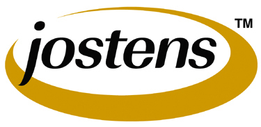 Jostens logo with black letters enclosed by a gold oval