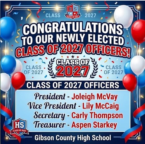🎉 We are proud to announce the newly elected Class of 2027 Officers for Gibson County High School! 👏🔴🔵 Congratulations to these outstanding student leaders! 🎓✨  #GibsonCountyHighSchool #Classof2027 #FutureLeaders #SeniorYear