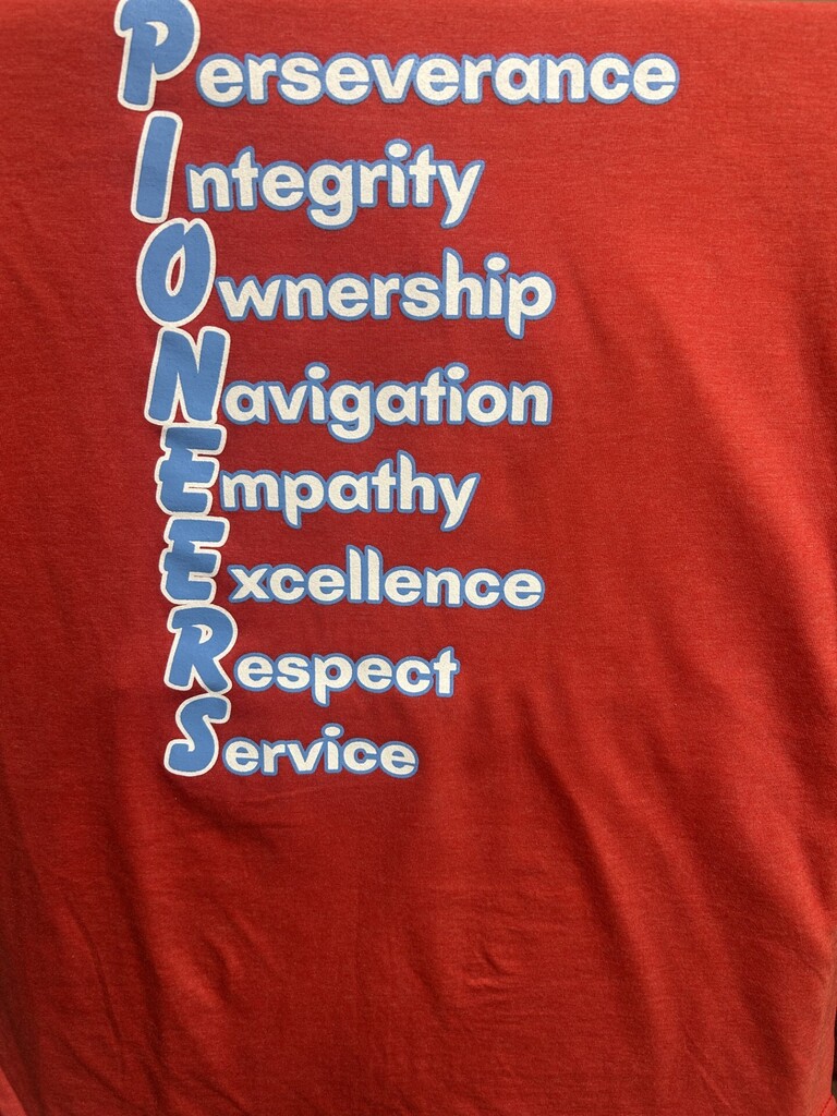 red material listing characteristics for each letter of the acronym PIONEERS: perseverance, integrity, ownership, navigation, empathy, excellence, respect, and service