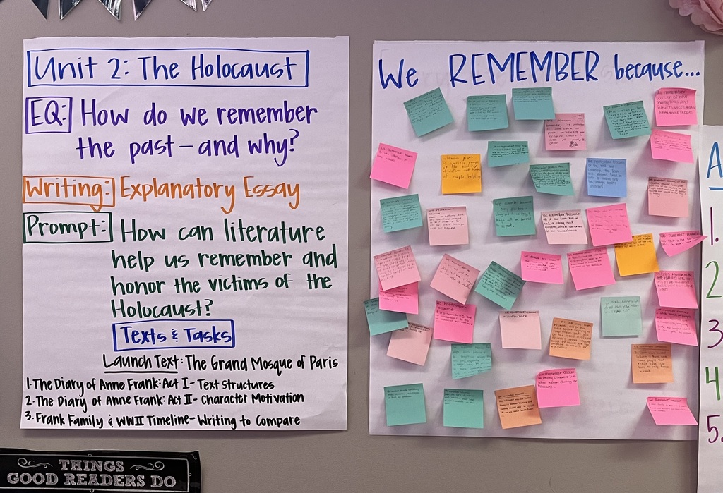 Two large classroom posters display a Holocaust literature unit. The left poster outlines an explanatory essay assignment exploring how literature helps us remember and honor Holocaust victims, featuring The Diary of Anne Frank and a World War II timeline. The right poster, titled “We REMEMBER because…,” features colorful sticky notes with students’ handwritten reflections on the importance of remembering the Holocaust and learning from history.