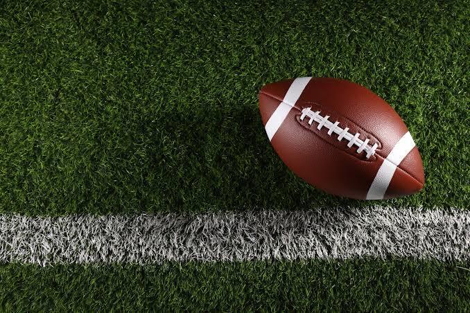 brown football laying on turf near a yard line