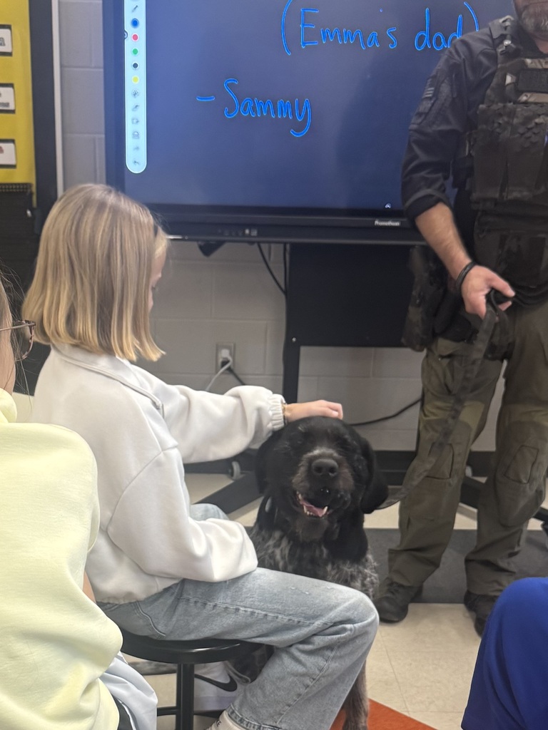 A female student in a white sweatshirt and jeans sits on a stool while petting a black-and-white police dog inside a classroom. The dog's handler, wearing a black tactical uniform, stands nearby holding its leash. An interactive classroom display behind them shows handwritten notes in blue.