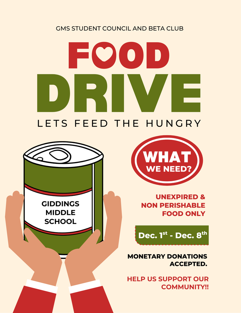 12/5 The Student Council and BETA Club are still collecting canned goods and cash donations for the local food pantry! Remember, every $1 donation counts as 2 cans toward your grade’s total. Current standings are 6th grade at 101 cans, 7th grade at 152 cans and 8th grade at 135 cans. It's a tight race with 7th grade currently leading. Monday will be the last day to bring donations!