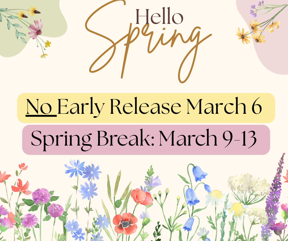 Texas public schools are required to provide a minimum of 75,600 instructional minutes each school year. Due to bad weather, school was canceled on January 26, 2026, resulting in a loss of instructional time.  To meet the state-required instructional minutes and avoid having a make-up day on May 8, 2026, the Board of Trustees has approved eliminating the previously scheduled early release day on Friday, March 6.  As a result, school will dismiss at the normal time on March 6, 2026. The scheduled early release will not occur.  We appreciate your understanding and flexibility as we adjust the school calendar to avoid a bad weather make-up day. Thank you for your continued support.