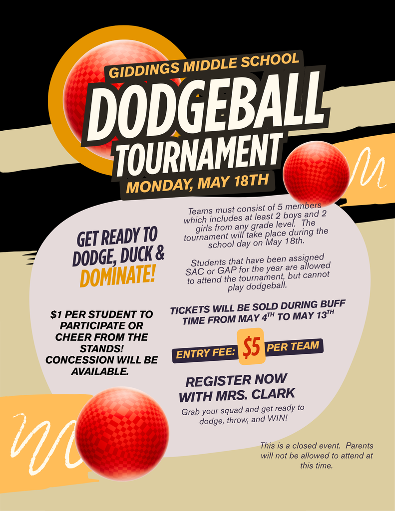 We are excited to announce the 3rd annual Student Council dodgeball tournament which will take place on Monday, May 18th!!  Please see the attached flyer with all of the details! We are looking forward to a fun event for our students.  Thank you for the support! 