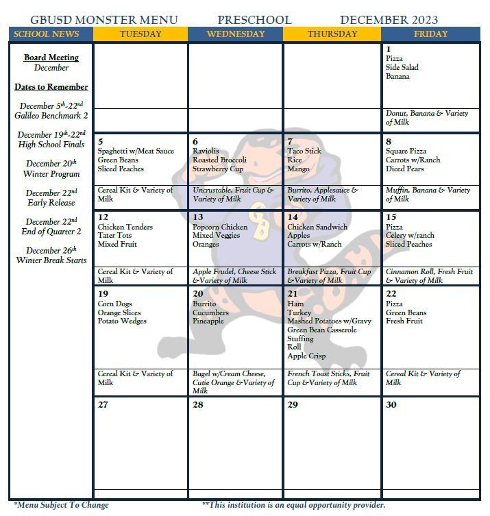 Preschool December Menu