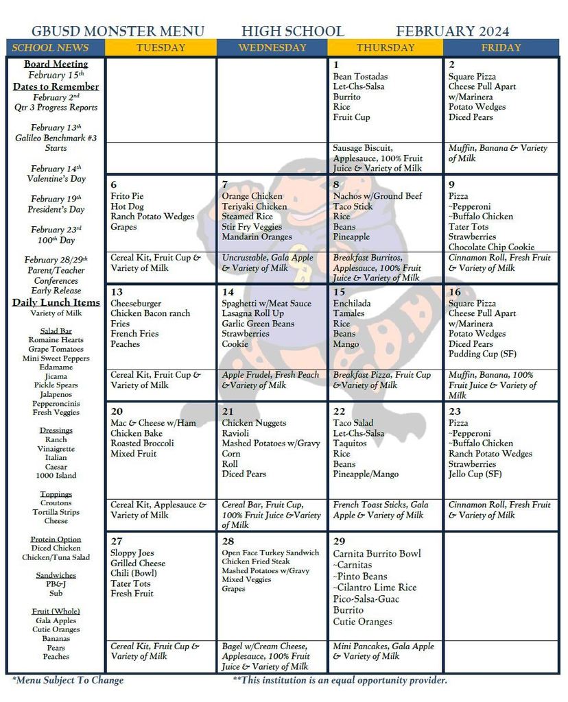 High School Menu February