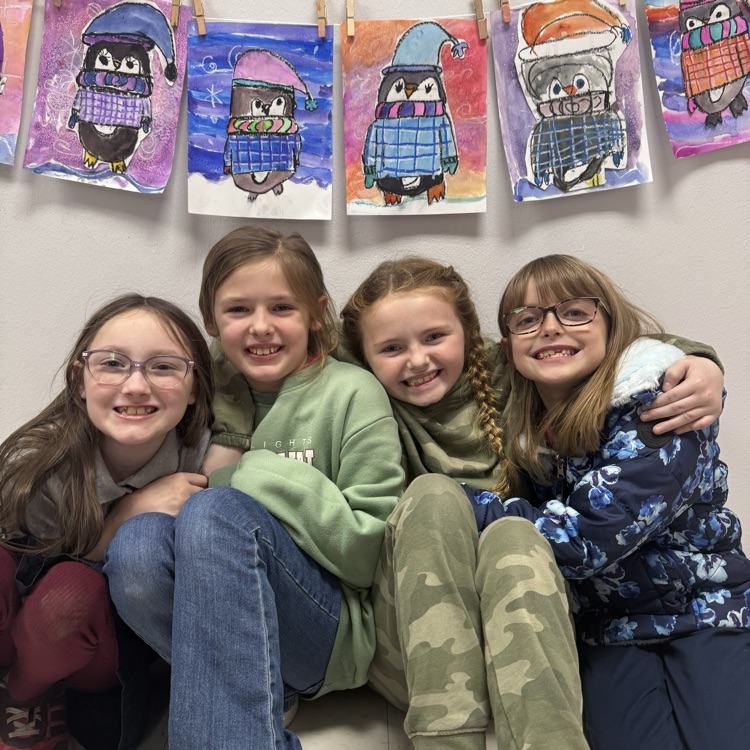 3rd grade oil pastel and watercolor penguins with plaid sweaters