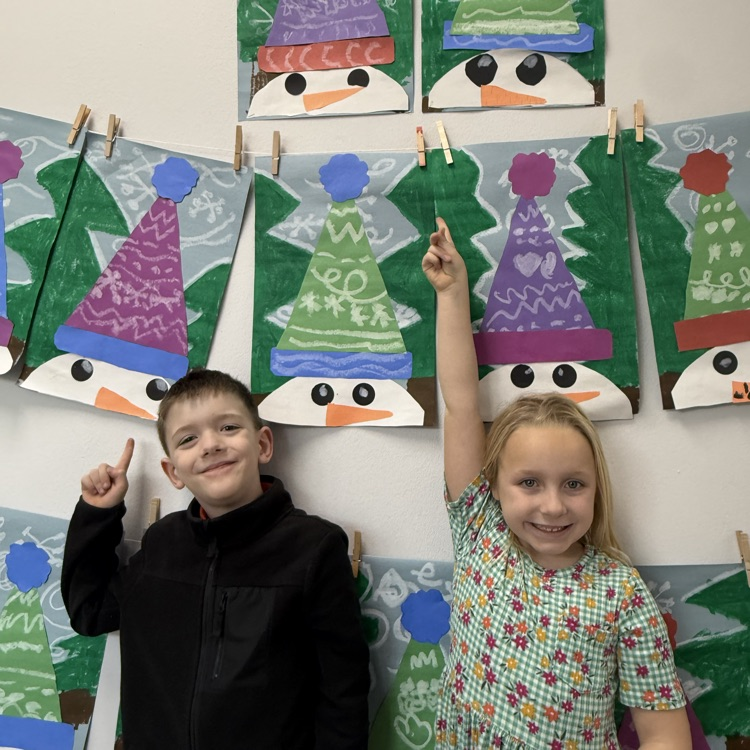 1st grade Snowmen with line design hats and paint stick winter backgrounds