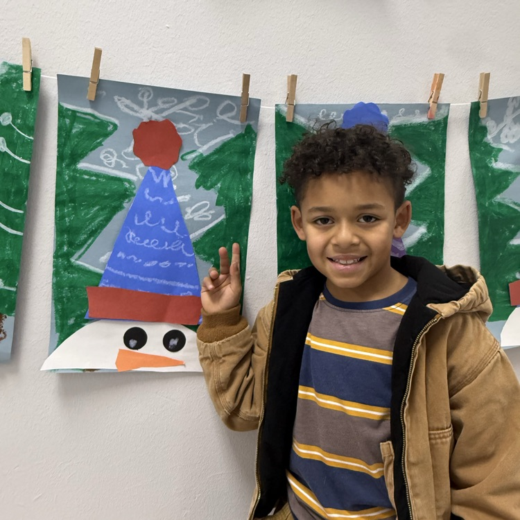 1st grade Snowmen with line design hats and paint stick winter backgrounds 