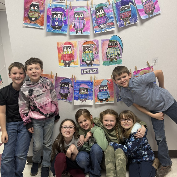 3rd grade oil pastel and watercolor penguins with plaid sweaters