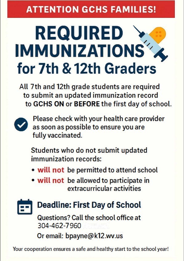 Picture of Flyer containing Vaccine Requirements for 7th and 12th Grade Students
