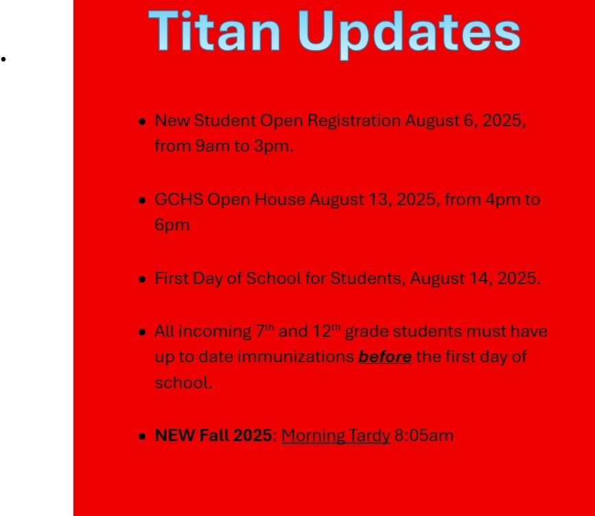 A list of updates from Gilmer County High School regarding beginning of the new school year.