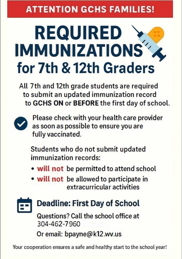 Picture of Flyer containing Vaccine Requirements for 7th and 12th Grade Students