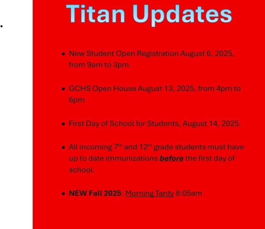 A list of updates from Gilmer County High School regarding beginning of the new school year.
