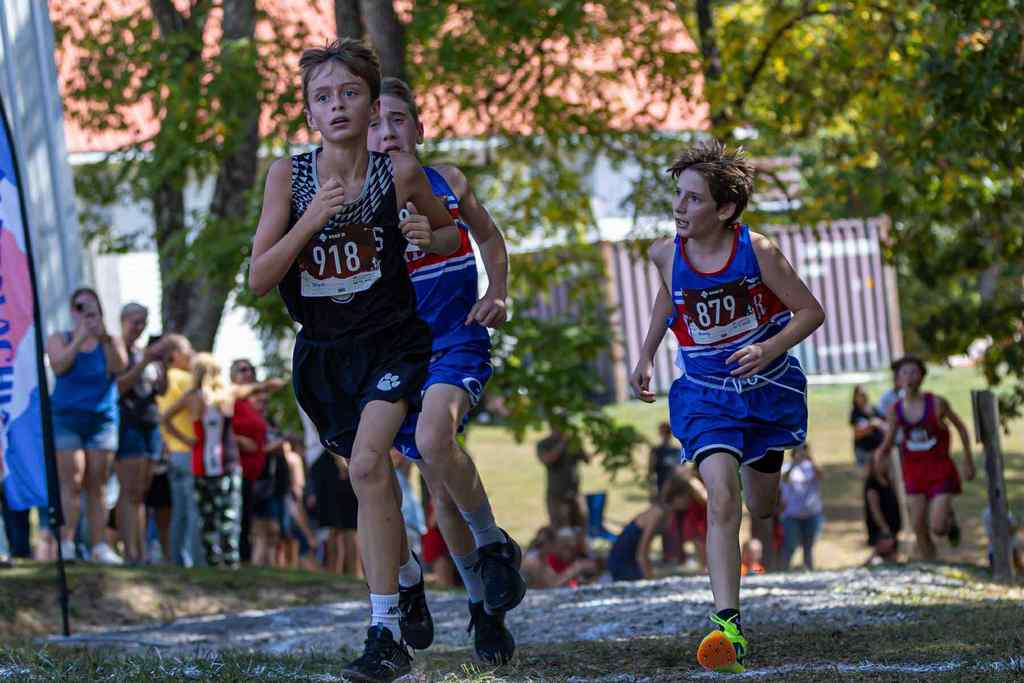 Students running, forested area 