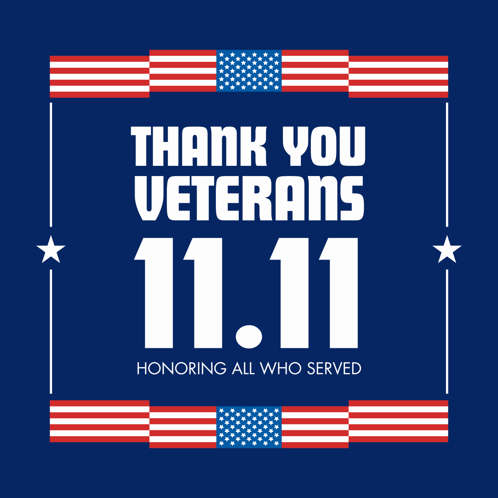 Dark blue graphic with “Thank You Veterans 11.11 – Honoring All Who Served” and American flag accents.