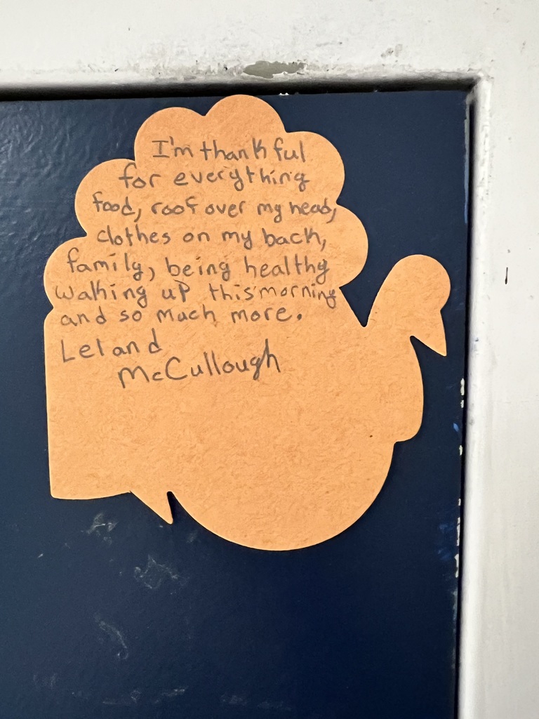 Image of a thankfulness note: I'm thankful for everything - food, roof over my head, clothes on my back - family - being healthy, waking up this morning, and so much more