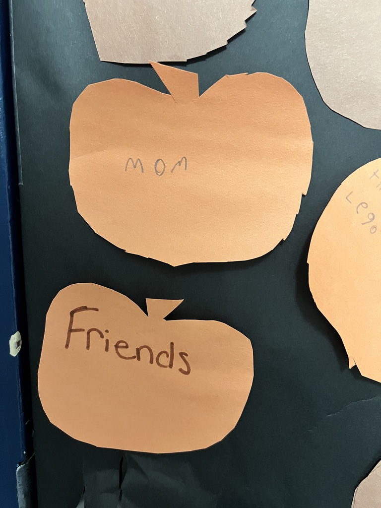 Image of a thankfulness note: mom; friends