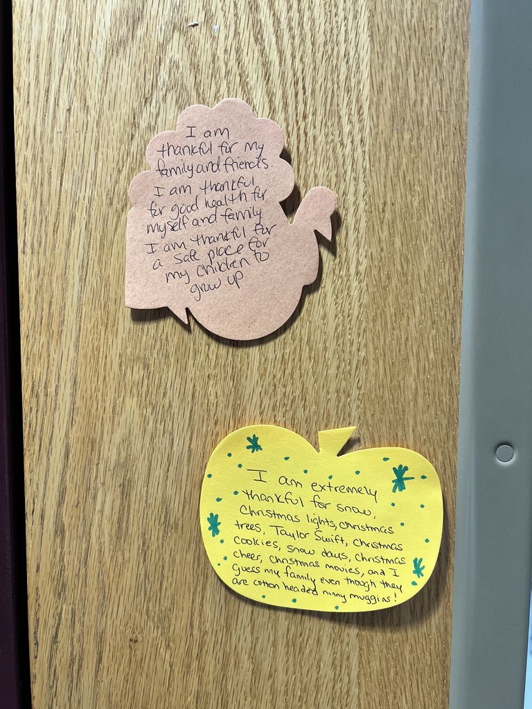 Image of a thankfulness note: I am thankful for my family and friends