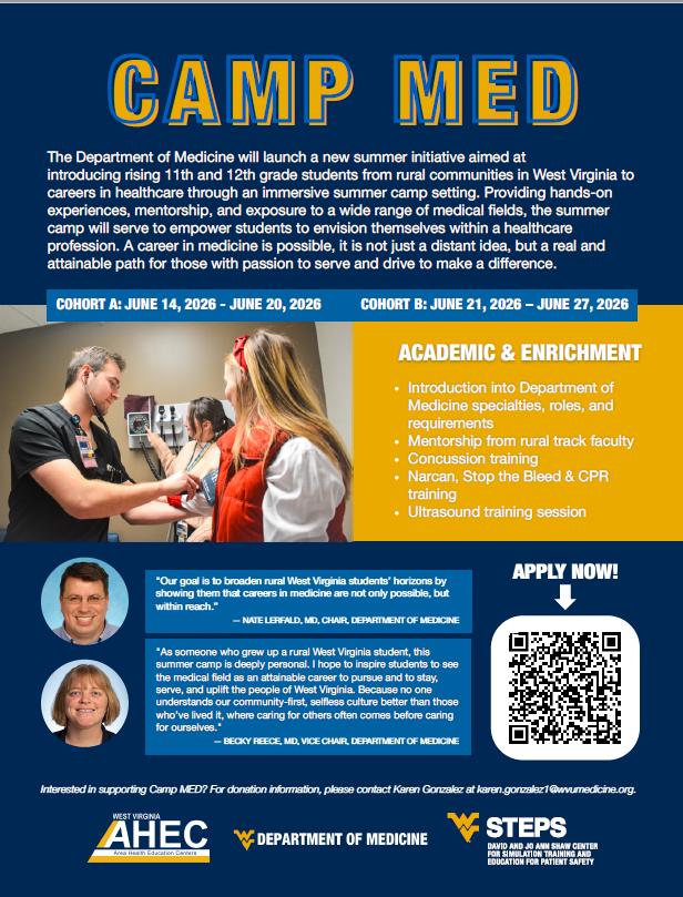 Flyer for “Camp Med” 2026 summer camp for rising 11th–12th grade rural West Virginia students, featuring hands-on healthcare training, session dates, and a QR code to apply.