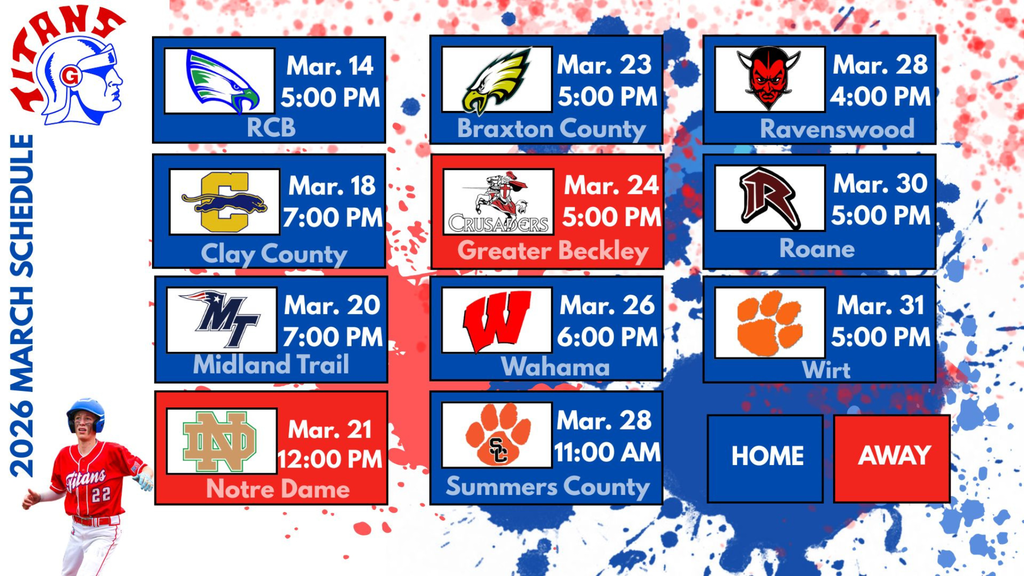 Alt text: Graphic showing the Gilmer County Titans 2026 March baseball schedule with game dates, times, and opponents including RCB, Clay County, Midland Trail, Notre Dame, Braxton County, Greater Beckley, Wahama, Summers County, Ravenswood, Roane, and Wirt. Home games are shown in blue and away games in red, with a Titans player image on the left.