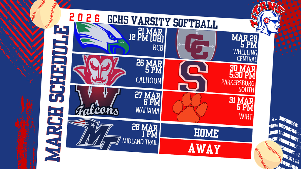 Alt text: Graphic showing the 2026 GCHS Varsity Softball March schedule with opponents, dates, and times. Games include Robert C. Byrd (March 21, doubleheader at 12 PM), Calhoun (March 26, 5 PM), Wahama (March 27, 6 PM), Midland Trail (March 28, 1 PM), Wheeling Central (March 28, 5 PM), Parkersburg South (March 30, 5:30 PM), and Wirt (March 31, 5 PM). Home games are shown in blue and away games in red, with Titans logos and softball graphics in a red, white, and blue theme.
