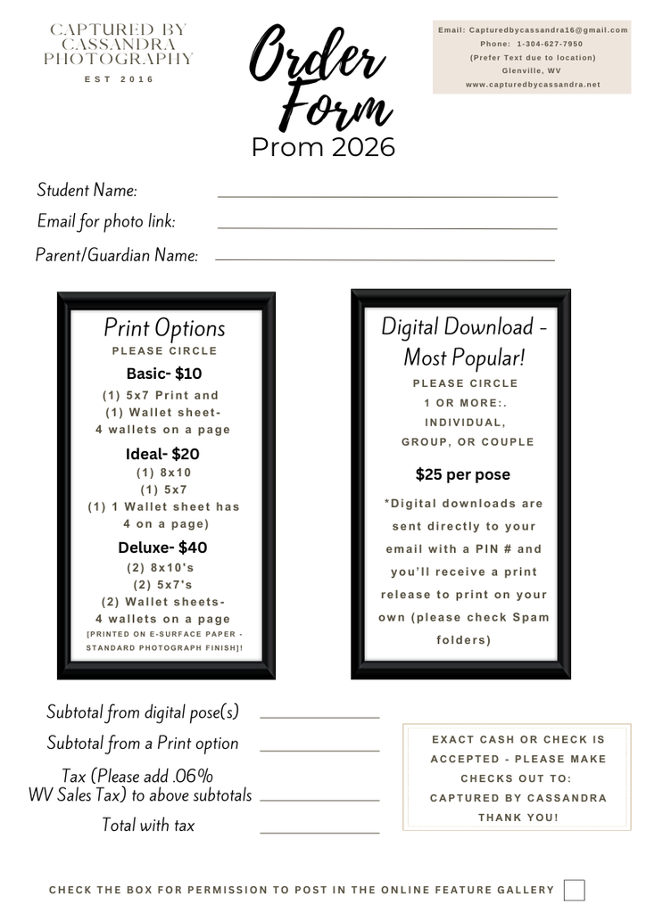  Alt text: Prom 2026 photo order form with fields for student information, print packages ($10–$40), digital downloads ($25 per pose), tax calculation lines, and photographer contact details.