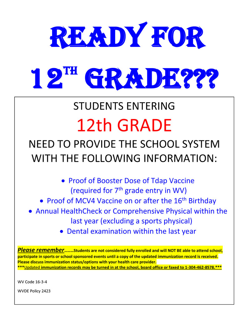 Flyer titled “Ready for 12th Grade???” in blue text. It lists requirements for students entering 12th grade, including proof of Tdap booster, MCV4 vaccine after age 16, a recent health check or physical (not a sports physical), and a dental exam within the last year. A highlighted note explains students cannot attend school or activities until records are submitted.