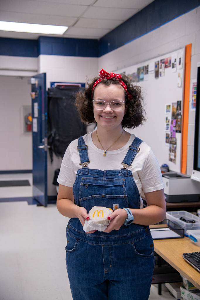 Kendra fox with breakfast sandwich 