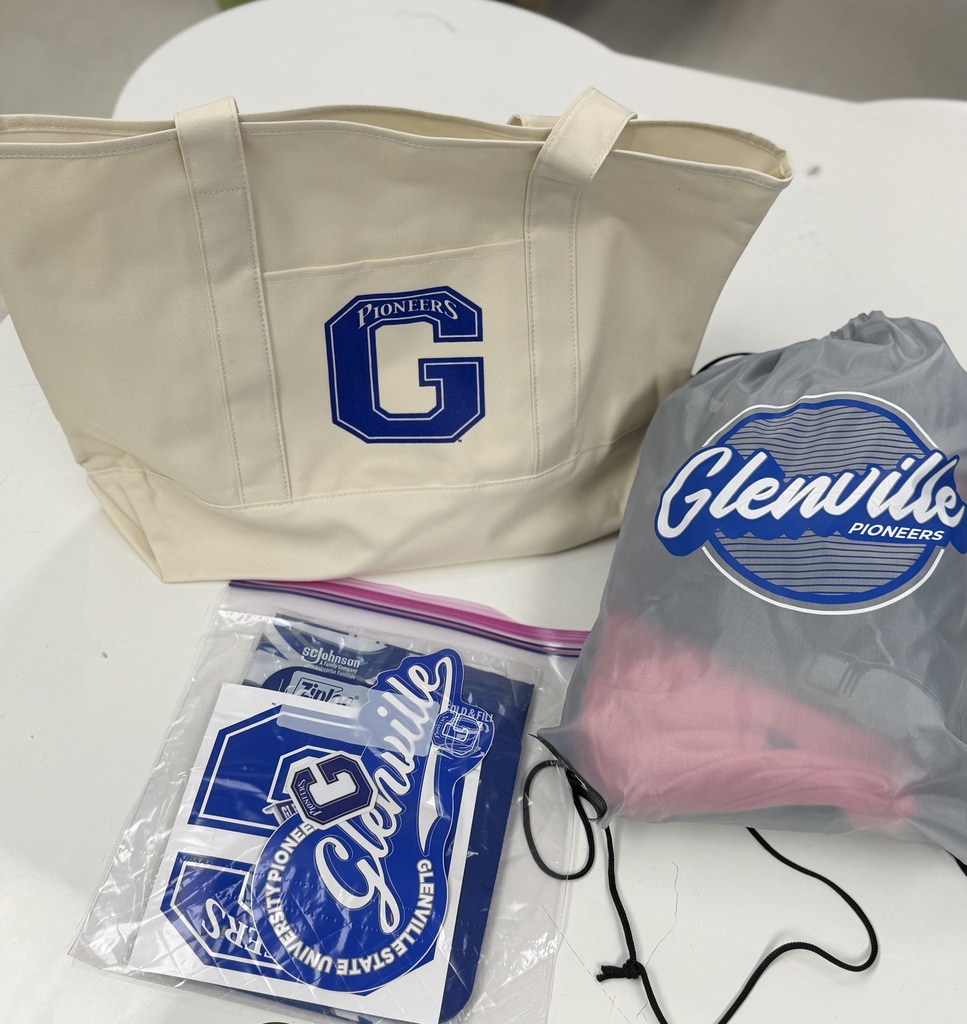 photo of GSU gear such as a drawstring bag, stickers, and a tote bag