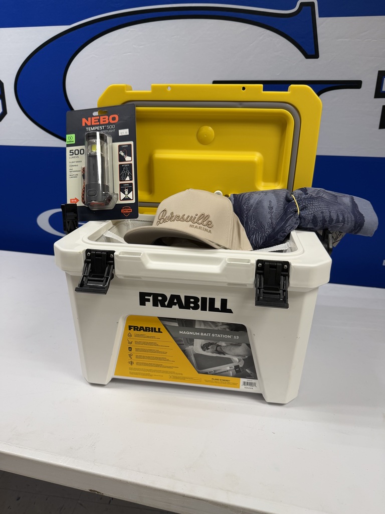 photo of a fish cooler with a hat and other assorted items 