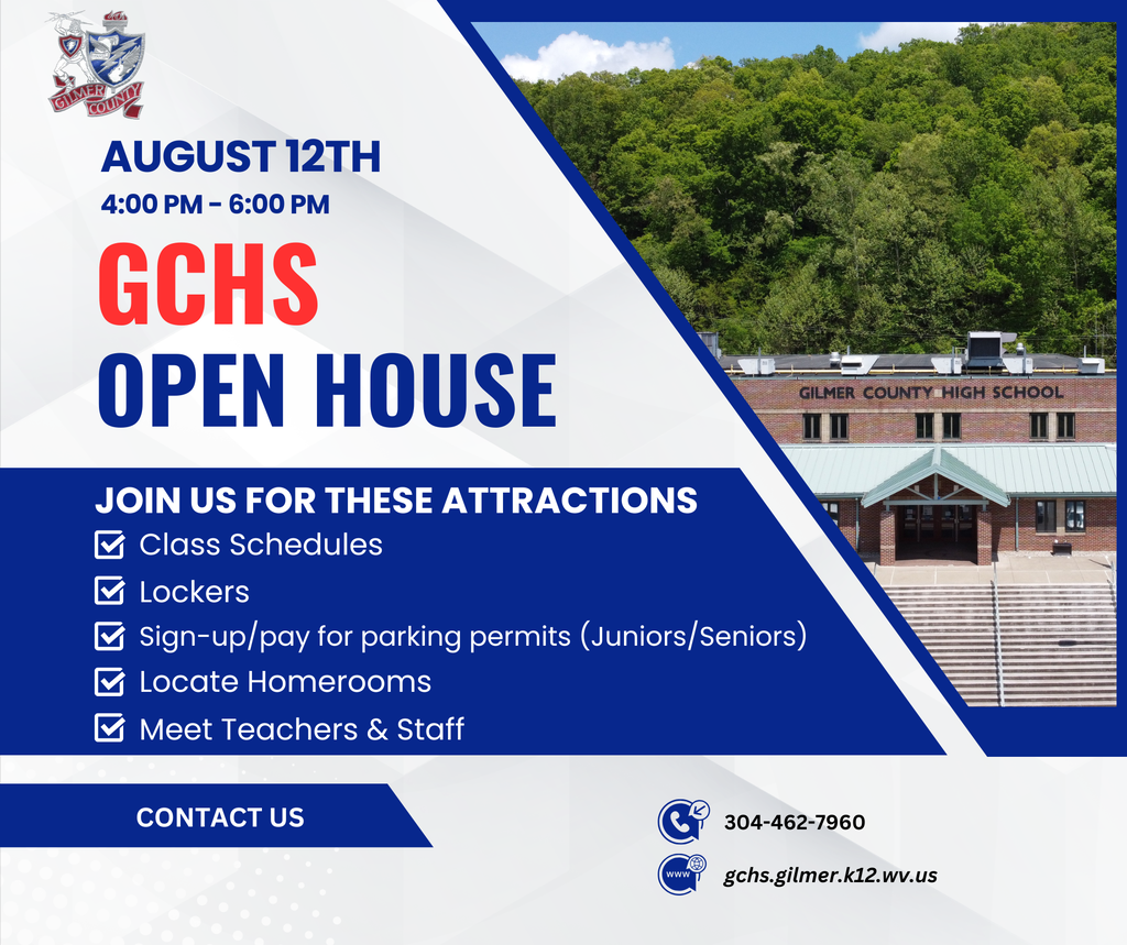 Graphic promoting the Gilmer County High School Open House on August 12 from 4:00–6:00 PM, featuring a photo of the school and listing schedules, lockers, parking permits, homeroom locations, and meeting teachers and staff.