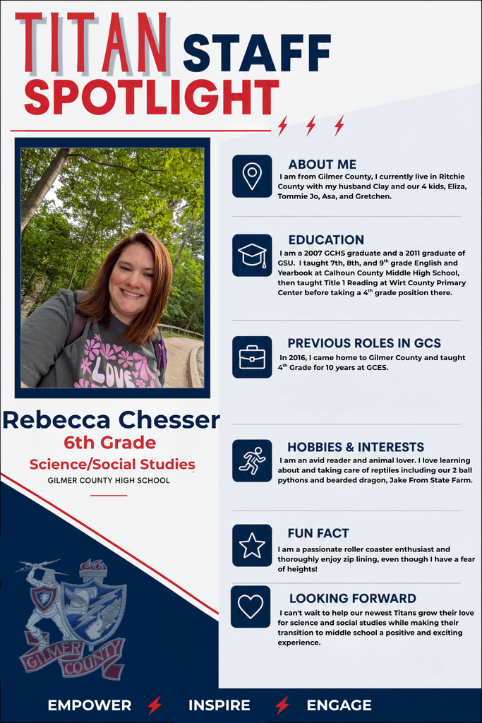 Staff Spotlight graphic featuring Rebecca Chesser, 6th Grade Science/Social Studies teacher at Gilmer County High School. The profile highlights a Gilmer County native and GCHS graduate with experience teaching English, reading, and fourth grade, who enjoys reading, caring for reptiles, roller coasters, and zip lining, and is excited to help students transition to middle school while developing a love for science and social studies.