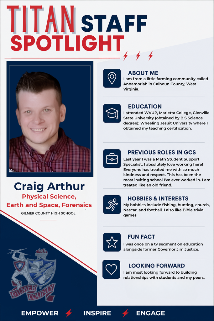 Titan Staff Spotlight featuring Craig Arthur, Gilmer County High School Physical Science, Earth and Space, and Forensics teacher. The graphic includes Craig’s portrait and information about his background, education, previous role at GCHS, hobbies and interests, a fun fact about appearing on a TV education segment with former Governor Jim Justice, and his goal of building relationships with students and colleagues.