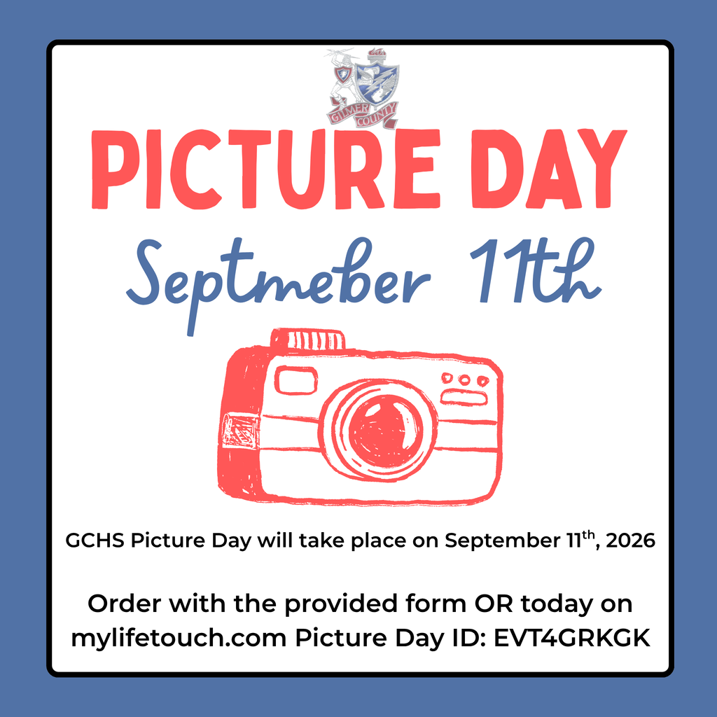 Graphic announcing GCHS Picture Day on Friday, September 11, 2026. The graphic features large red “Picture Day” text, blue “September 11th” lettering, a red camera illustration, and the GCHS crest. It states that students can order using the provided form or online at mylifetouch.com with Picture Day ID EVT4GRKGK.