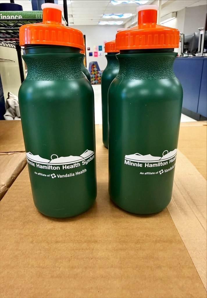 picture of green "minnie hamilton health system" water bottles