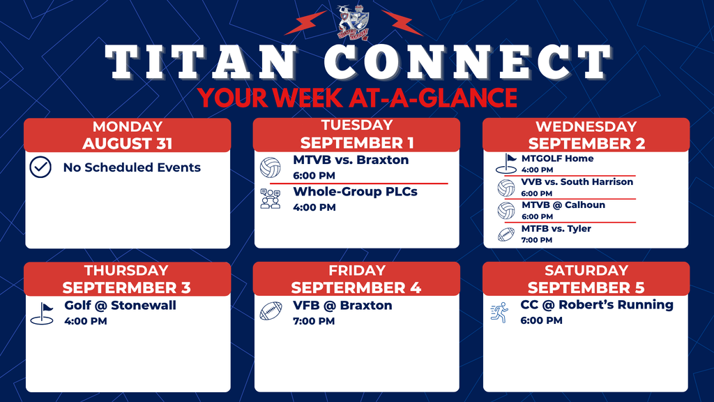  Aug 31  No Scheduled Events  Sept 1   MTVB @ Braxton   Whole Group PLCs   Sept 2  MTGOLF vs. Home 4:00 PM VVB vs. South Harrison 6:00 PM MTVB @ Calhoun 6:00 PM MTFB vs. Tyler 7:00 PM  Sept 3  Golf @ Stonewall 4:00 PM   Sept 4  VFB vs. Braxton Home 7:00 PM   Seniors - College Day Forms Due to Mr. Reed  Sept 5   CC @ Robert’s Running (CMHS)