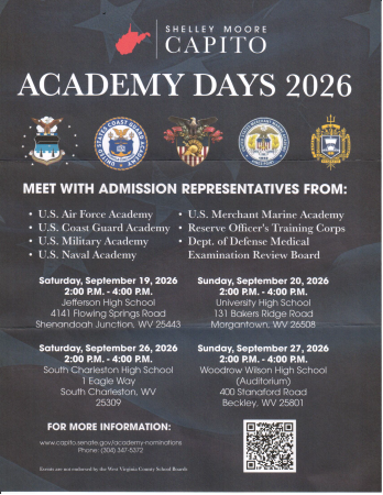 Flyer for “Shelley Moore Capito Academy Days 2026” announcing opportunities to meet admission representatives from U.S. military academies. Representatives include the U.S. Air Force Academy, U.S. Coast Guard Academy, U.S. Military Academy, U.S. Naval Academy, U.S. Merchant Marine Academy, Reserve Officers’ Training Corps, and Department of Defense Medical Examination Review Board. Events are scheduled for September 19–20, 2026, at locations in Shenandoah Junction, Morgantown, South Charleston, and Beckley, West Virginia. The flyer includes event times, addresses, contact information, and a QR code for additional information.